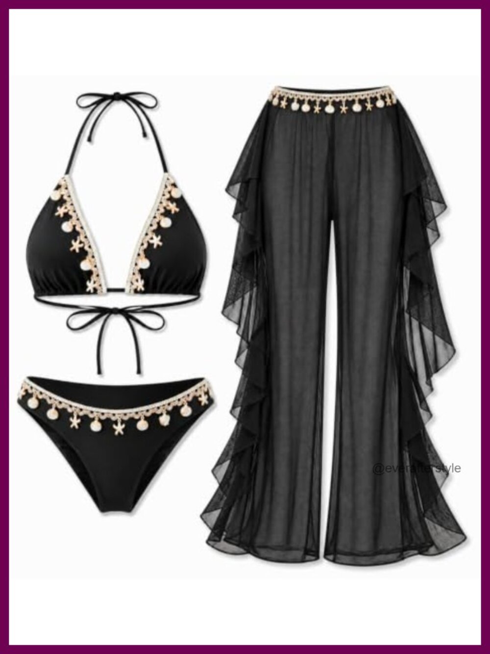 Daci Triangle Bikini Set with Sheer Mesh Cover Up Pants 3 Piece Swimsuit